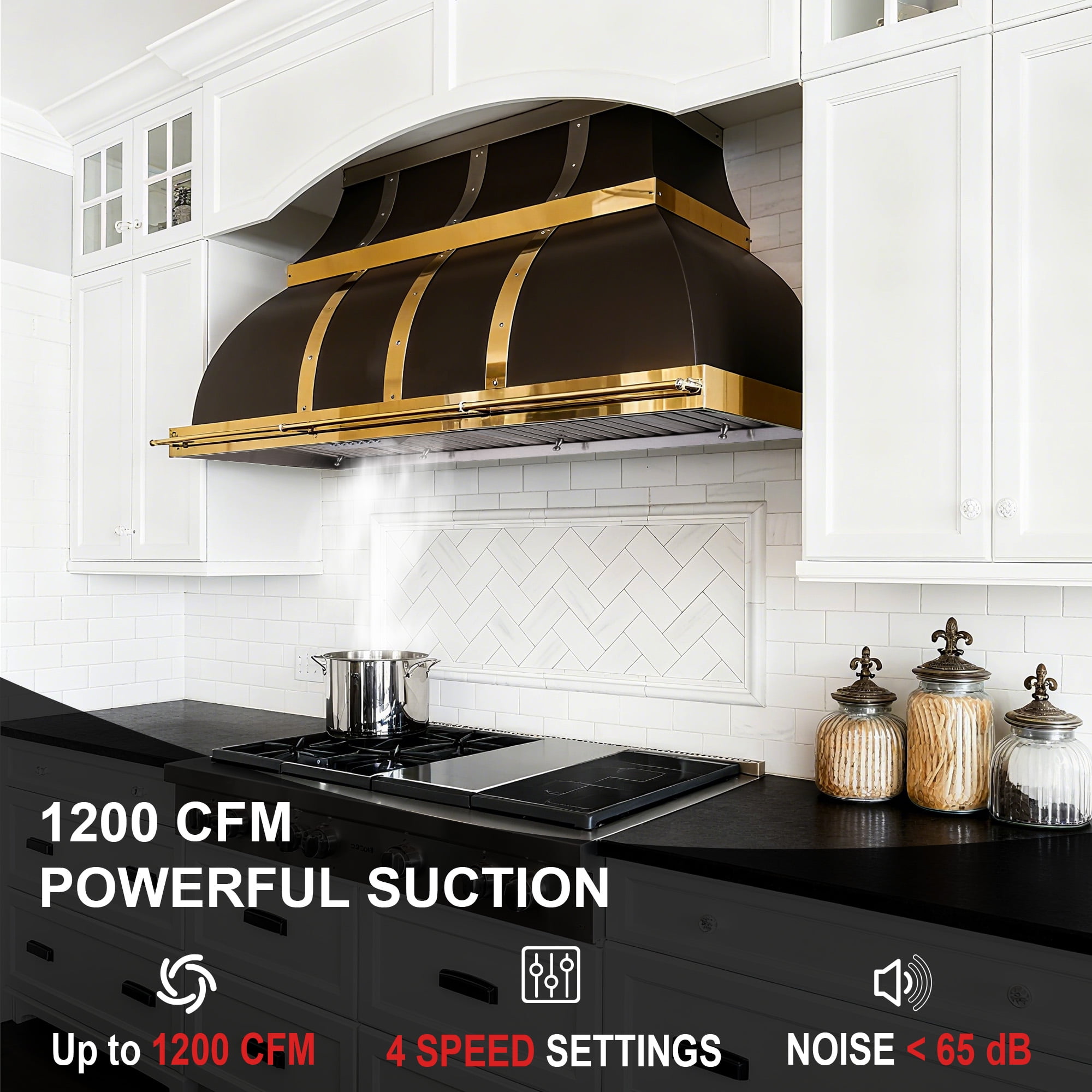 Akicon Range Hood 48 Inch, 1200 CFM Stainless Steel Range Hood Insert with 4 Speed Control, 2-LED Lights & Nightlight, Baffle Filters