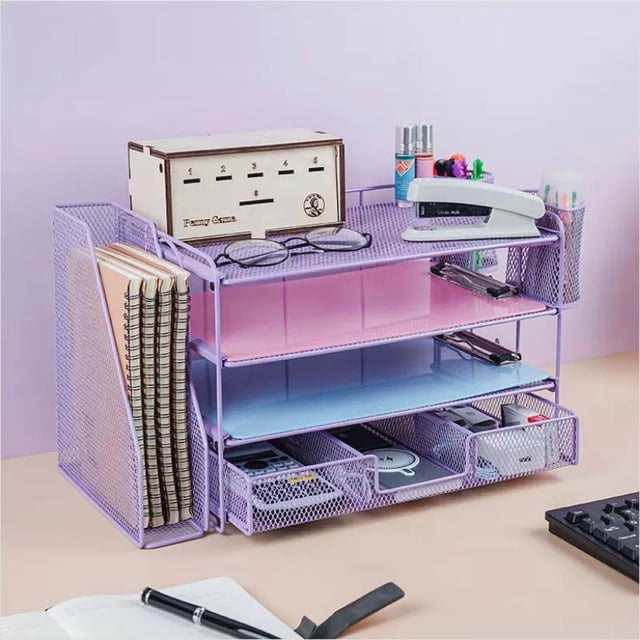 Organizador de escritorio con archivador y accesorios, unidad de almacenamiento de cuatro niveles para escritorio, organizador de material de oficina con cajones y dos portalápices(Morado)