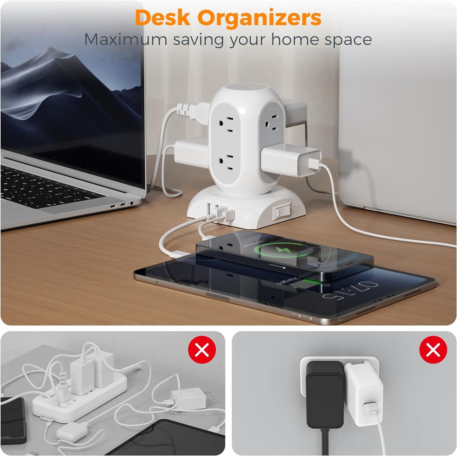 10Ft Surge Protector Power Strip Tower 8 Outlets 3 USB & 1 USB C Ports,1050J Protection Desk Charging Station for Home, Office ,School, Dorm Room,Gery