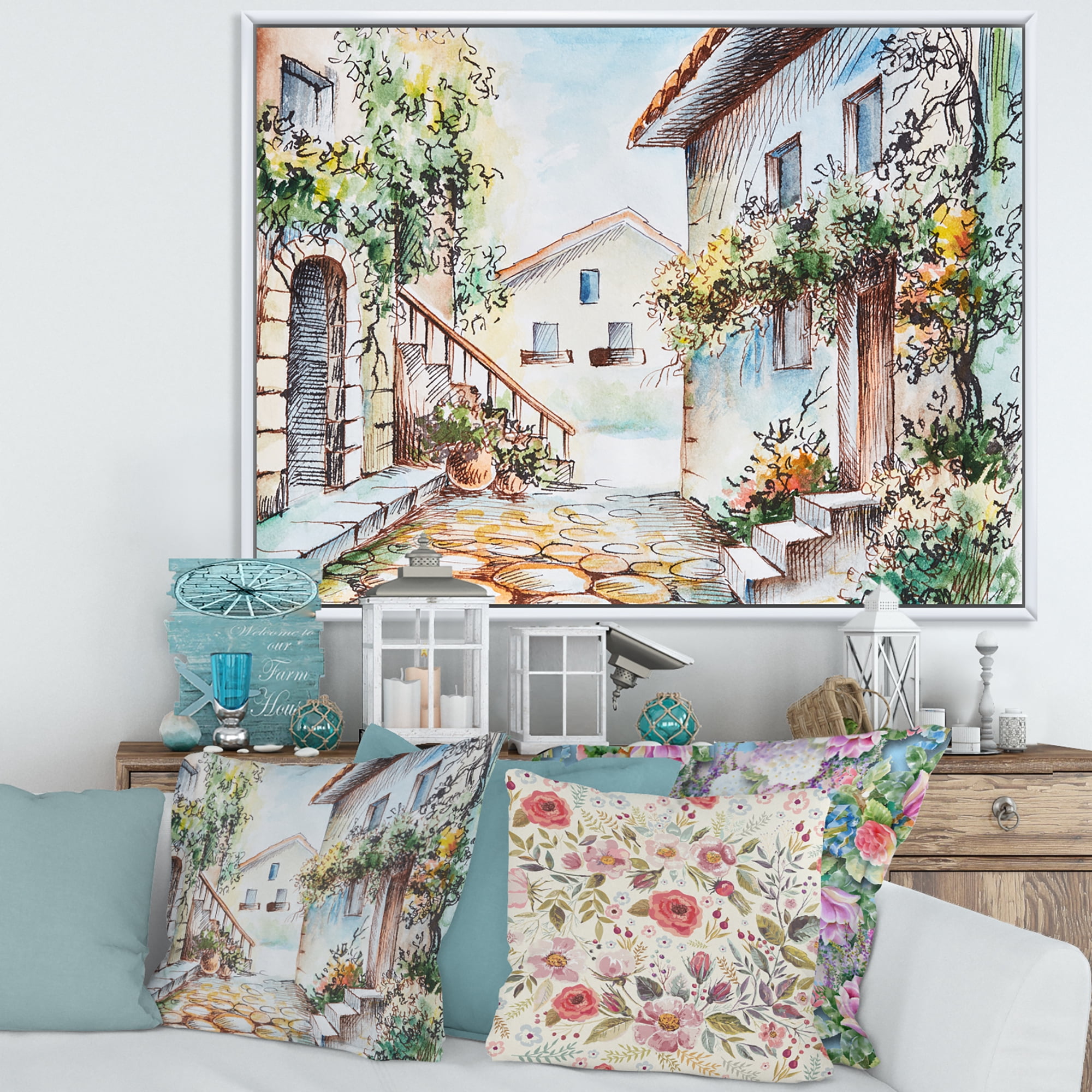 Designart 'Sunny Day At The Vintage City Cozy Street' Traditional Framed Canvas Wall Art Print