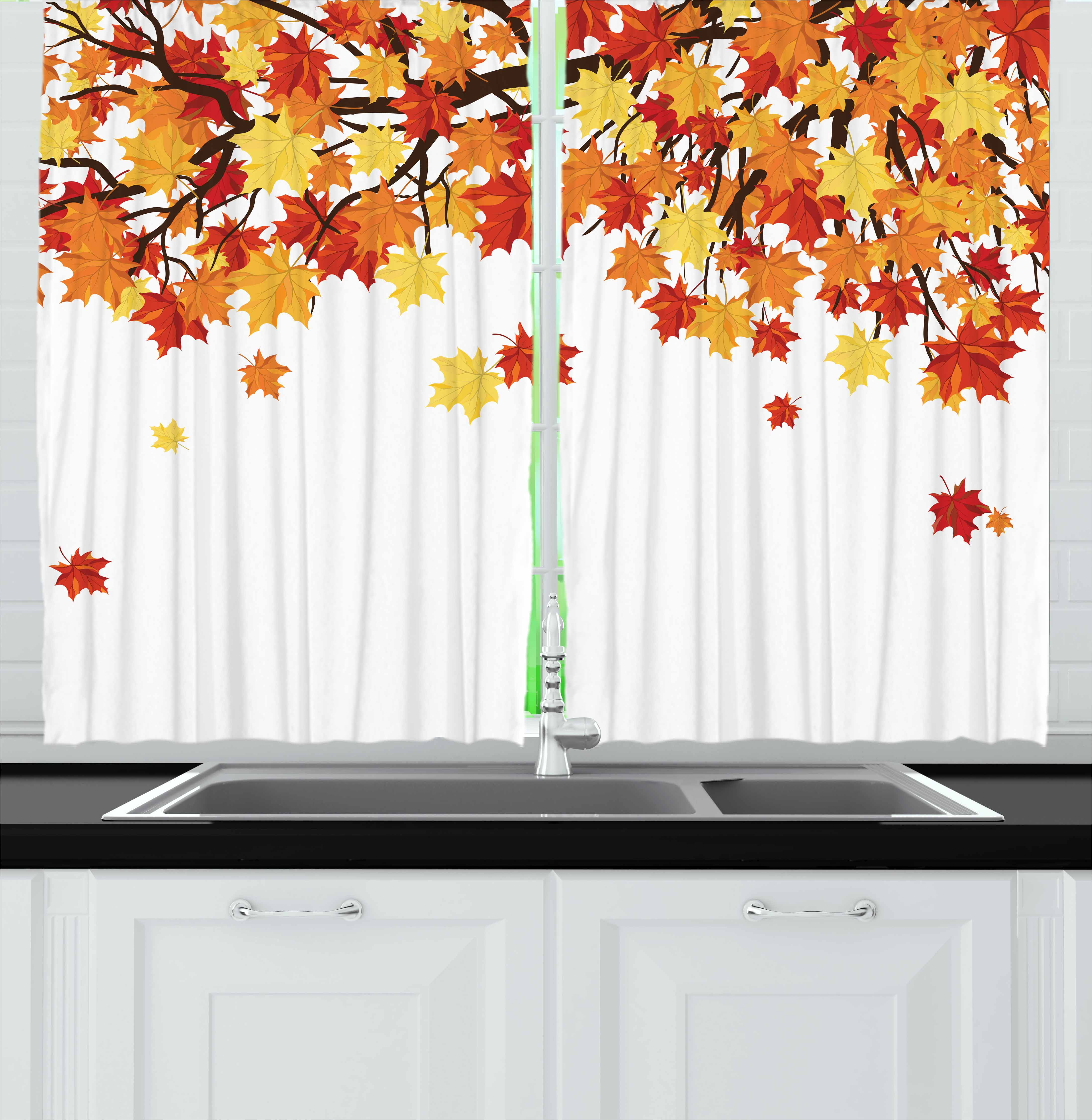 Autumn Curtains 2 Panels Set, Fall Season Foliage on Tree Branches Canadian Colorful Maple