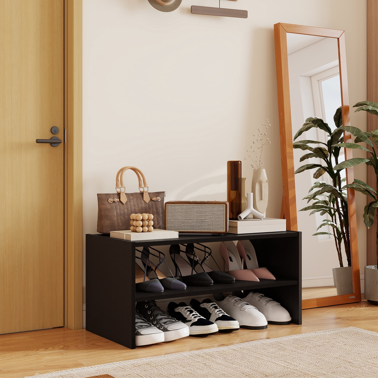 Prilinex 2-Tier Stackable Shoe Rack, Small Wooden Shoe Shelf Organizer, Freestanding Shoe Storage Stand for 6-12 Pairs for Entryway Closet Office, Espresso