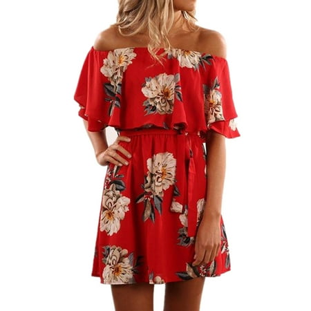 - Cold Shoulder Women Flared Print Red Casual Dress