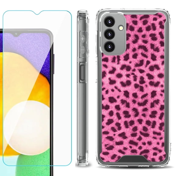 Shockproof Bumper Phone Case for Samsung Galaxy A13 5G, with Tempered Glass Screen Protector, by OneToughShield ® - Cheetah Pink
