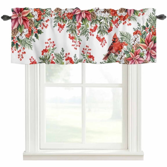 Cardinal Bird Rod Pocket Curtain Valance, Winter Poinsettia Berry Pine Cones Floral Farmhouse Window Valance for Living Room, Bedroom, Kitchen 42"W x 12"L
