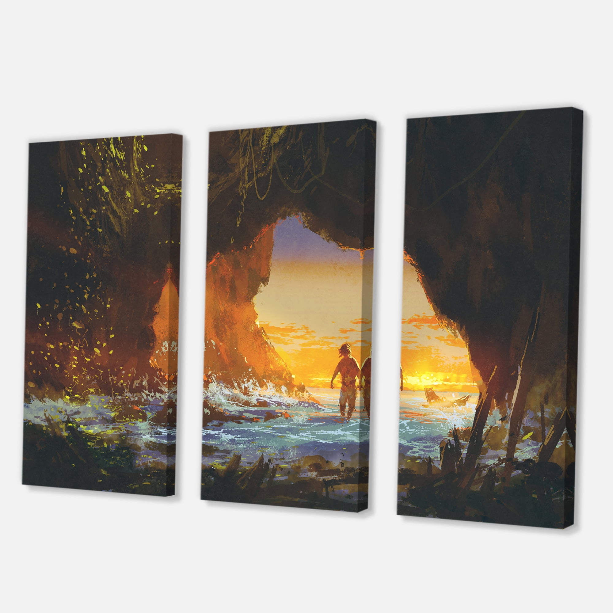 Designart ' The Sea Cave At Sunset With The Man Walking In ' Nautical & Coastal Canvas Wall Art Print