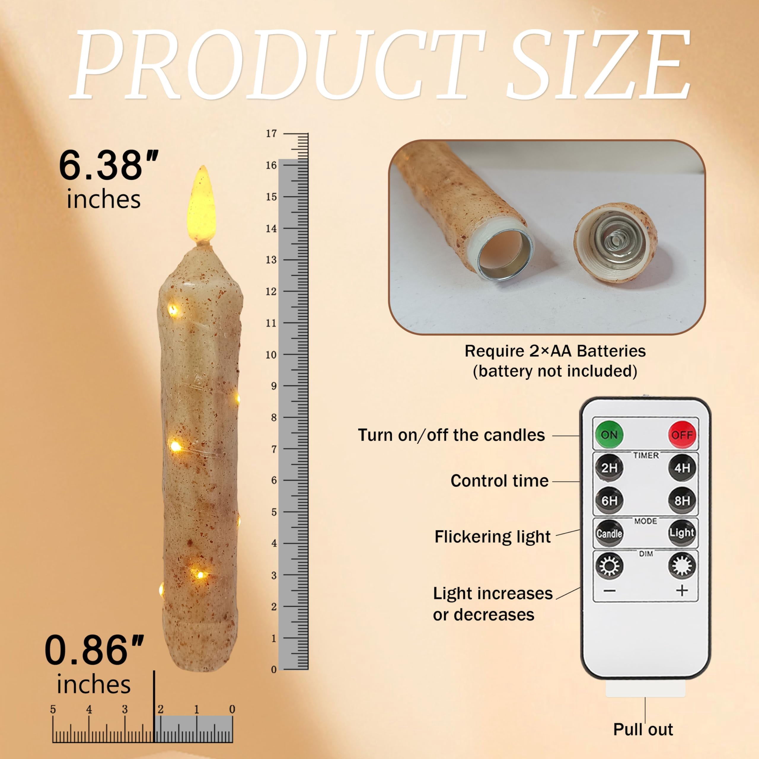 FCMSHAMD 6.5 Inches Primitive Real Wax LED Short Flameless Candles Hand Dipped Battery Operated Taper Candle with Timer Remote for Vintage Rustic Home Decor