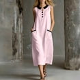 thumbnail image 2 of Cotton Midi Dresses for Women Sleeveless Collared V Neck Dress Button Up Colorblock Summer Vacation Sundress with Pockets Pink,S, 2 of 7