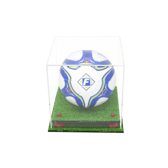 Deluxe Clear Acrylic Soccer Ball Display Case with Red Risers and Turf Base (A027-CRRTB)