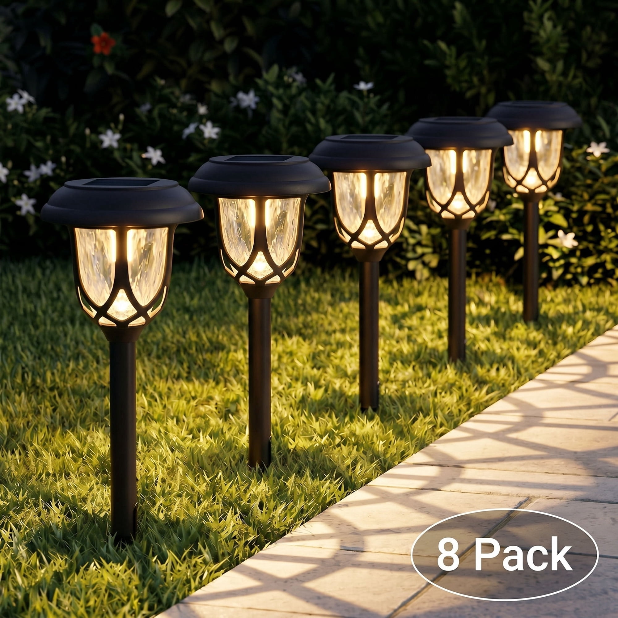 SZRSTH Solar Pathway Lights, 8 Pack Outdoor Solar Garden Stake Lights, Waterproof, Glass and Metal, Auto Dusk to Dawn for Walkway, Yard, Driveway