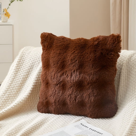 Elegant Faux Fur Decorative Pillow Cover Shaggy Plush Square Cushion Case for Living Room and Bedroom Sofa Decor Comfortable Backrest Pillowcase-Brown