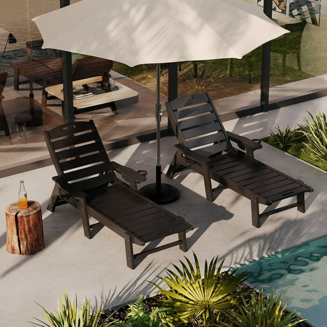 Kojooin Oversized Outdoor Chaise Lounge, 5-Position Adjustable HDPE Patio Lounger with Cup Holder for Poolside Relaxing