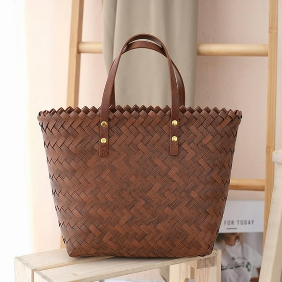 HONMEET Handwoven Brown Tote Bag with Faux Handle - Bohemian Vintage Style Shoulder Purse and Woven Beach Shopping Tote