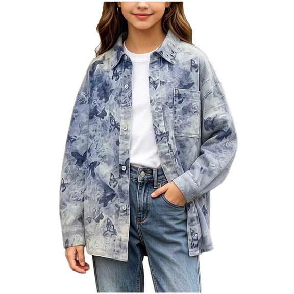 XUNKUSGA Girls Tie Dye Shirts Lightweight Loose Button Down Shirts for Girls Casual Collared Long Sleeve Shirts Jacket with Pocket for School Daily Streetwear 5-15Y