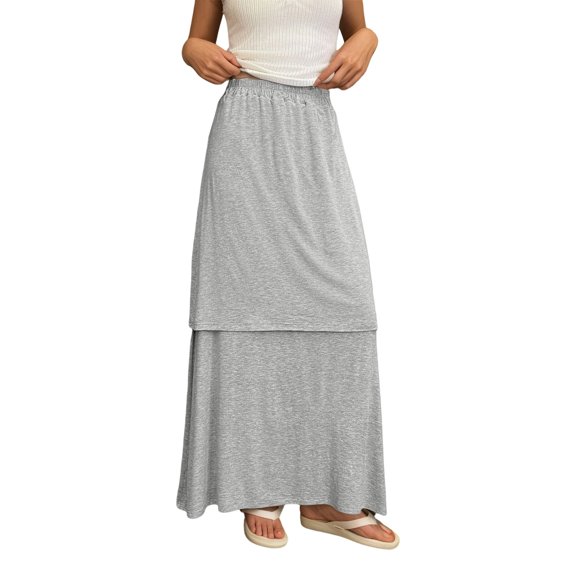 Arlun Summer Casual Maxi Skirts for Women Elastic High Waist Double Layer Stylish Slim Fit A Line Long Skirts Lightweight Flowy Soft Comfortable Solid Color Daily Wear Light Gray M