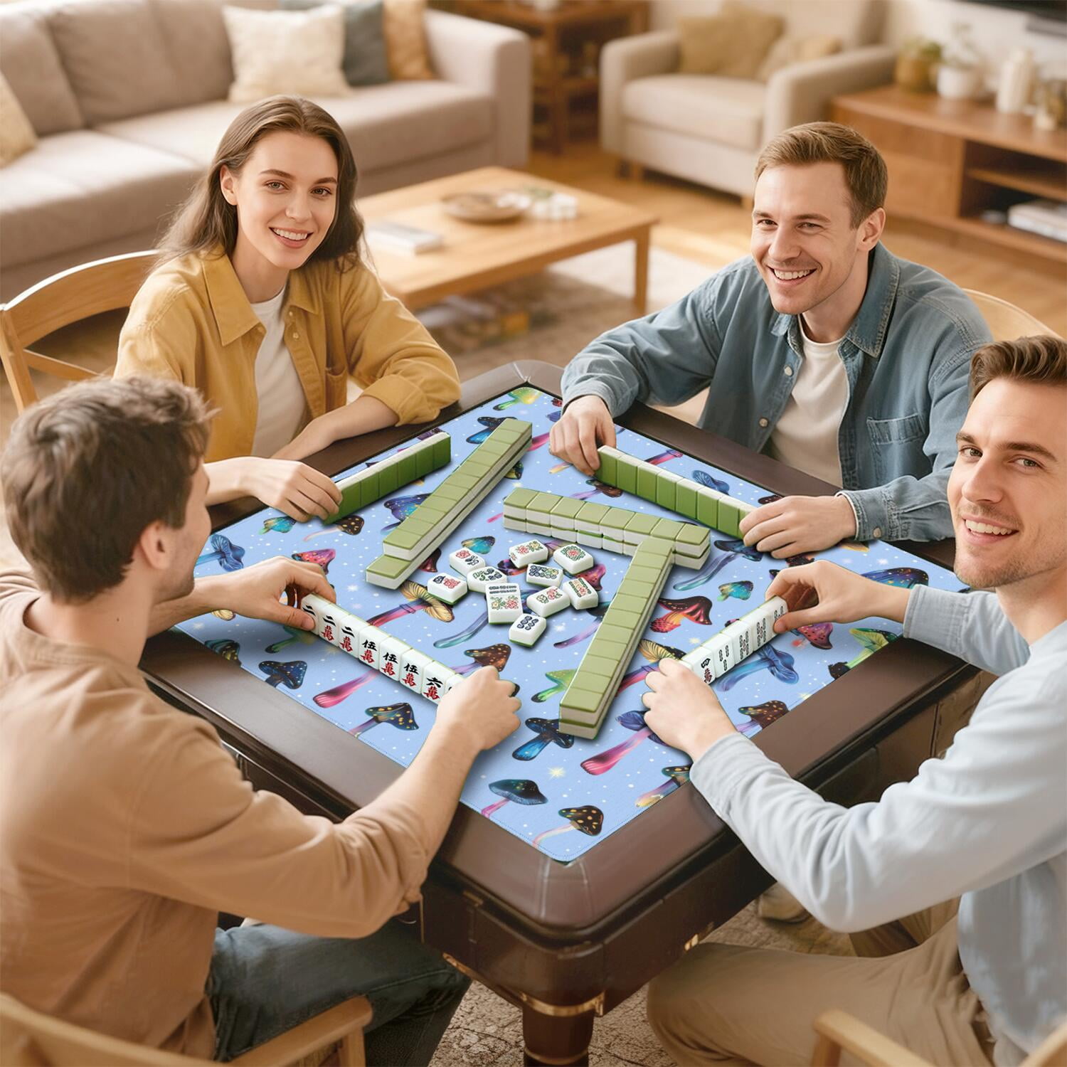31.5 Inch Square Botanical Style Mahjong Pad Made of Durable Rubber with Anti-Slip Surface and Noise Reduction Features for Board Games