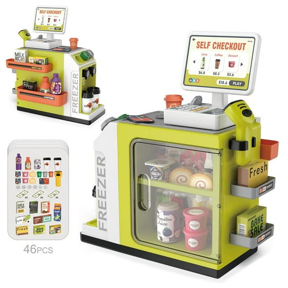LOVEVER Upgraded Cash Register Toy for 3 Years Old Kids 46 Pieces Pretend Play Money Calculator Scanner Credit Cards Play Food Toy Set for Toddlers Boys Girls Green