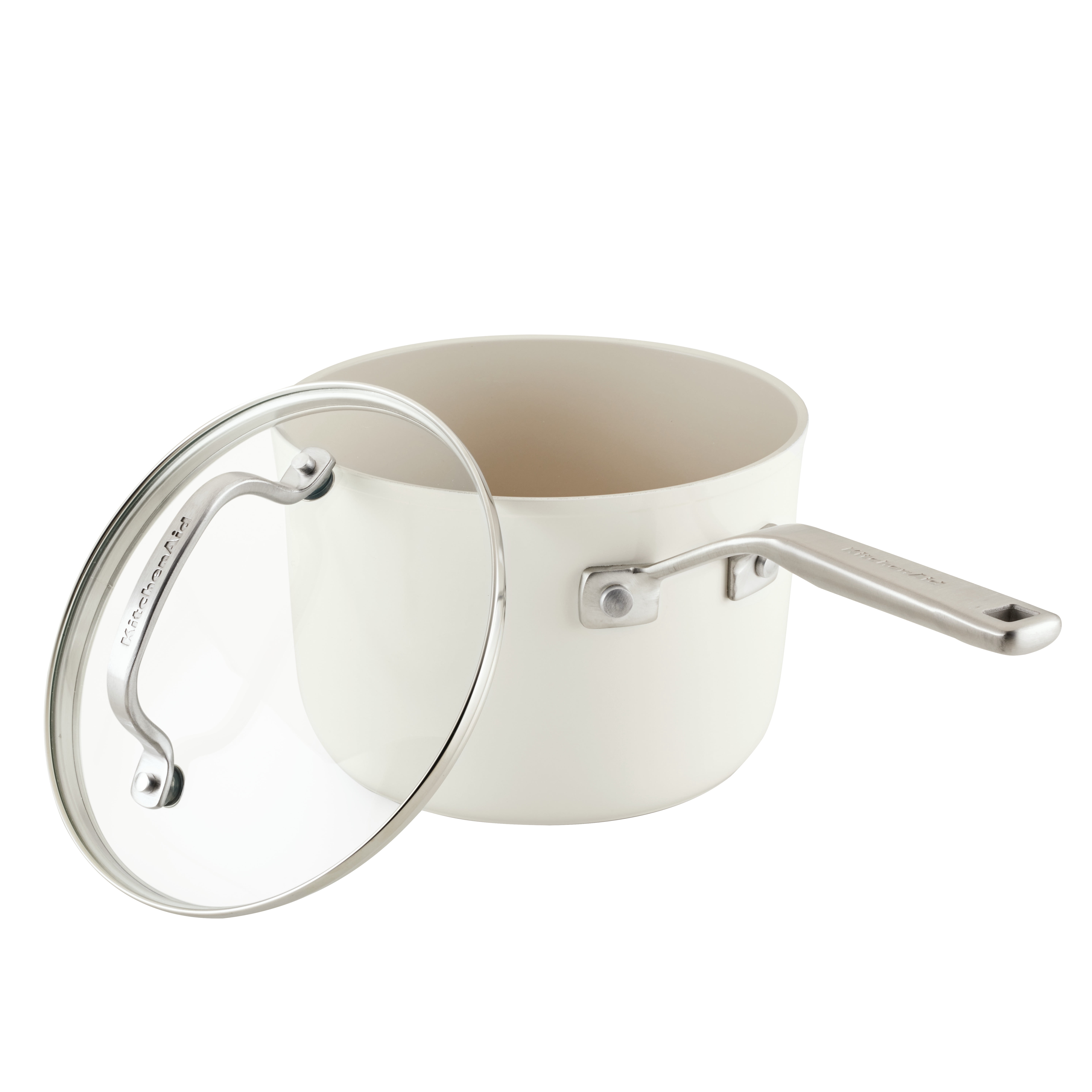 KitchenAid Hard Anodized 3 Quart Ceramic Nonstick Cookware Sauce Pan, Oven Safe to 500°F, Porcelain White