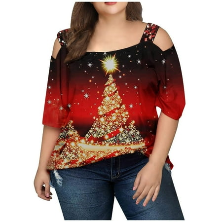 

Bospose Christmas Shirt Long Sleeve Shirt Short Shirt Sequin Bra Top Black Dress Shirt Women Women Plus Size Tops Tree Print Shirt Cold Shoulder Strap T-Shirt Casual Blouse L-4xl Fd1015 Lady Tree Off