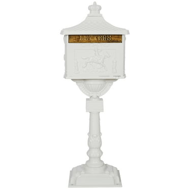 TONZE Cast Aluminum Vintage Mailbox with Post and 2 Keys,Freestanding Postal Box for Outside,with Locking Security & Heavy Duty Support Stand, for House Home Outdoor Doorway Garden, Gifts, White