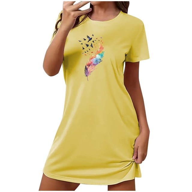 Mrat Robe de Pyjama pour Femmes Été Robe de Nuit Courte Surdimensionnée Mode Imprimé Poitrine Manches Courtes P-105 Jaune P