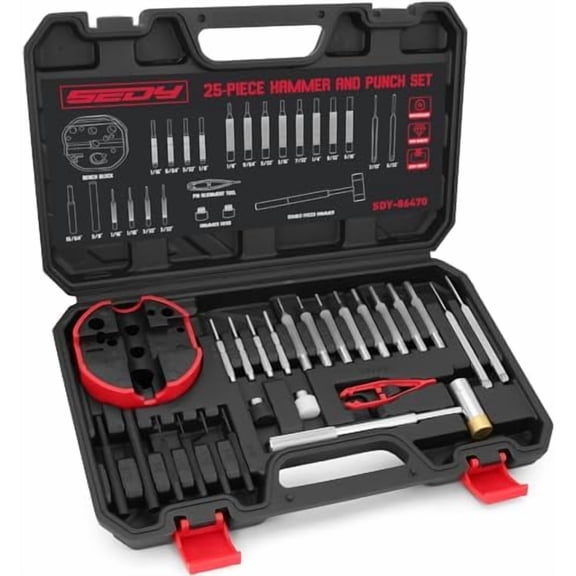 Premium Pin Punch Hammer Set: 25-Piece Punch Set and Hammer with Bench Block, Steel Roll Pin Punch Set, Pin Punches with Replaceable Face Hammer, Mechanical Repair Tool for Maintenance