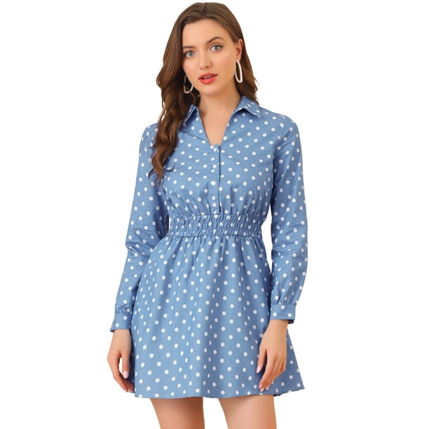 Allegra K Vestido camisero vintage para mujer, con cintura ce?ida, una línea de lunares, vestido camisero Azul XS Unique Bargains Casual