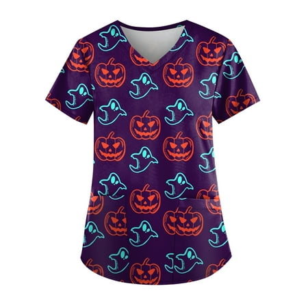 

Sksloeg SKSloeg Women Flower Leopard Pumpkin Print Scrub Tops with Pockets Short Sleeve V-Neck Plus Size Shirts Nursing Cyan 3XL