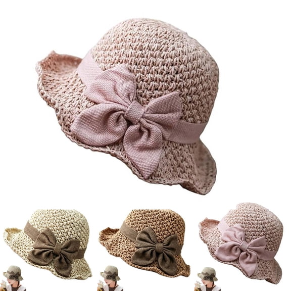 2026 Fashion Women Beach Straw Sun Hat Cute Bow Versatile Retro Handmade Hat With Ruffled Bow Summer Foldable Breathable Bucket Hat for Women M Color Pink