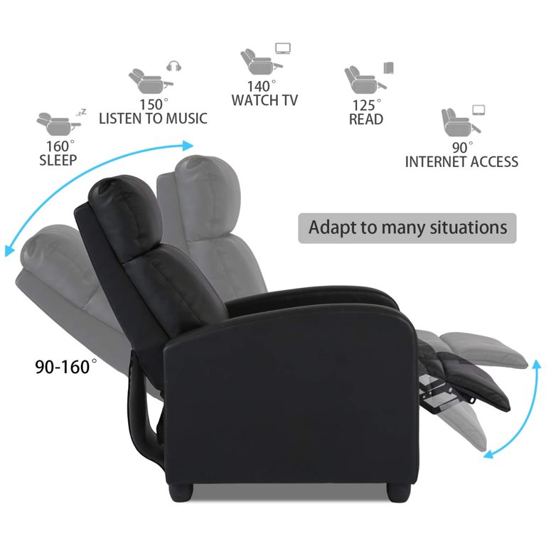 Wood-Framed PU Leather Recliner Chair Adjustable Home Theater Seating with  Thick Seat Cushion and Backrest Modern Living Room Recliners，Black