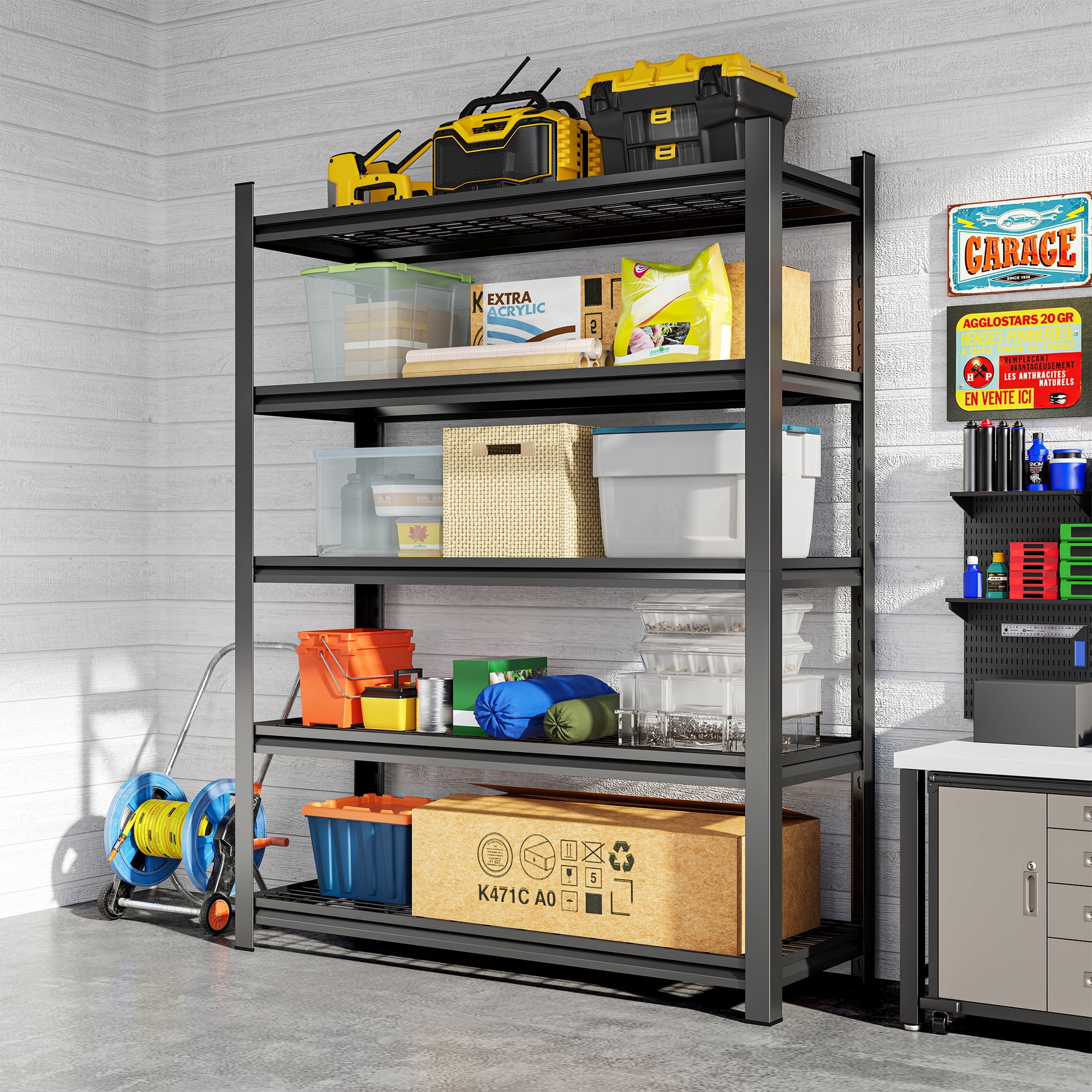 Garage Five Story Shelf, Adjustable Metal Shelf, Black, Requires Assembly, 71.2 in H x 47.24 in L x 23.62 in D