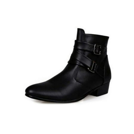 

Crocowalk Mens Lightweight Buckle Strap Casual Boot Party Non-Slip Zip Up Ankle Dress Booties Slip Resistant Block Boots Black 10