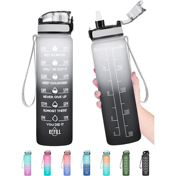 32 OZ Water Bottle, Leakproof BPA & Toxic Free, Motivational Water Bottle with Times to Drink and Straw, Fitness Sports Water Bottle with Strap for Office, Gym, Outdoor Sports