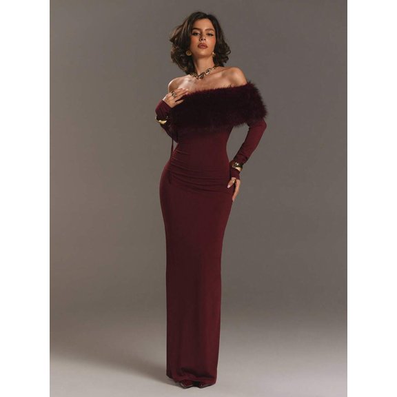 Womens Elegant Burgundy Faux Fur Off-Shoulder Long Sleeve Fitted Maxi Dress