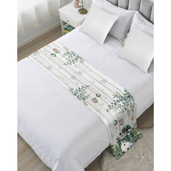 Xipuska Green Eucalyptus Christmas Bed Runners for Queen Size Bed, Decorative Bed Throws for Foot of Bed, Snowman Xmas Tree Balls Vintage Bed Runner Sofa Throw Bedding Scarf Slipcover for Bedroom