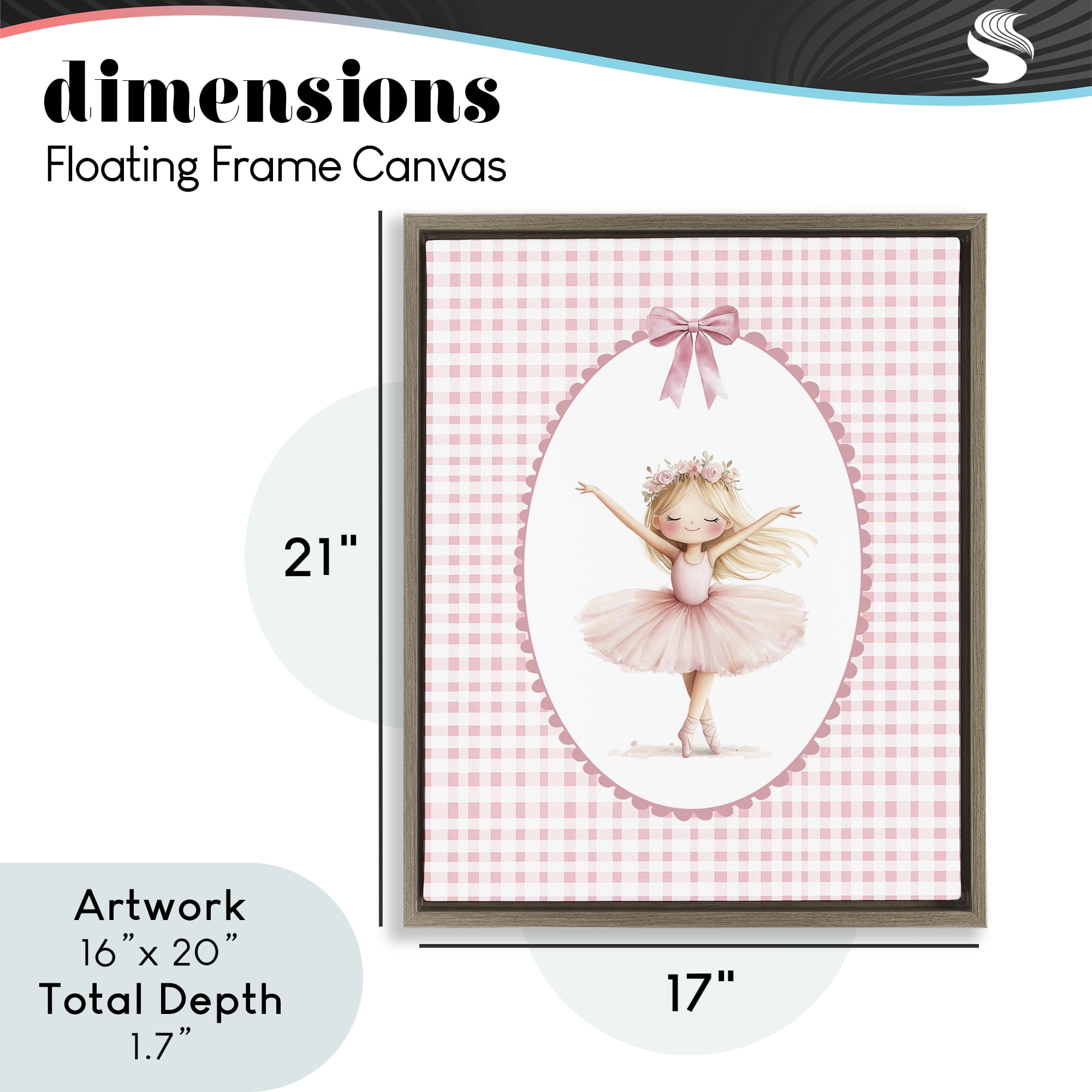 Ballerina on Pink Checkered Brown Framed Floater Canvas Wall Art, design by Christine Simpson Art