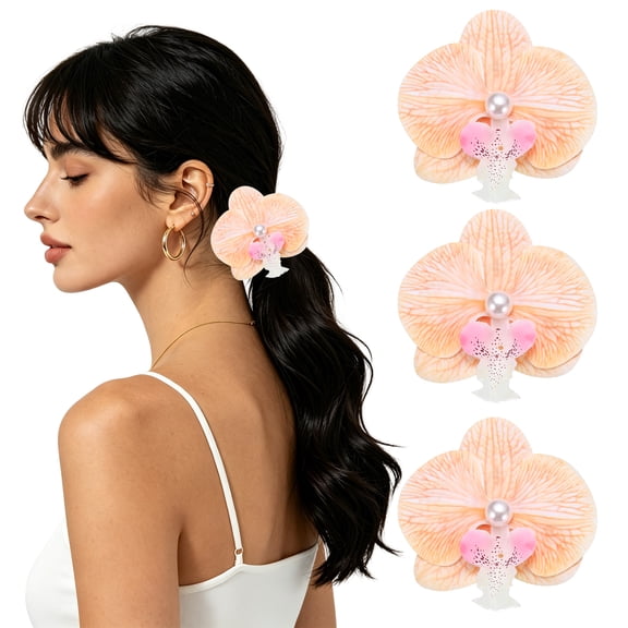 Uxcell Orchid Flower Hair Clips (3.5 Inch) 3Pcs Light Orange, Hair Flowers for Women Cute Claw Clip Large Tulle Floral Hair Accessories for Girls Party Beach Wedding Vacation Daily