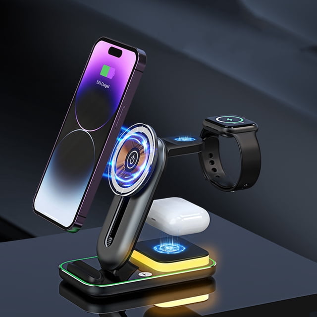 COFEST Chargeur Sans Fil Intelligent 15 W à Recharge Rapide pour Téléphone Mobile, Montre, Écouteurs, Veilleuse, Chargeur Sans Fil 4 en 1, Prend en Charge android et IOS, Support pour Téléphone Mobile, Gris