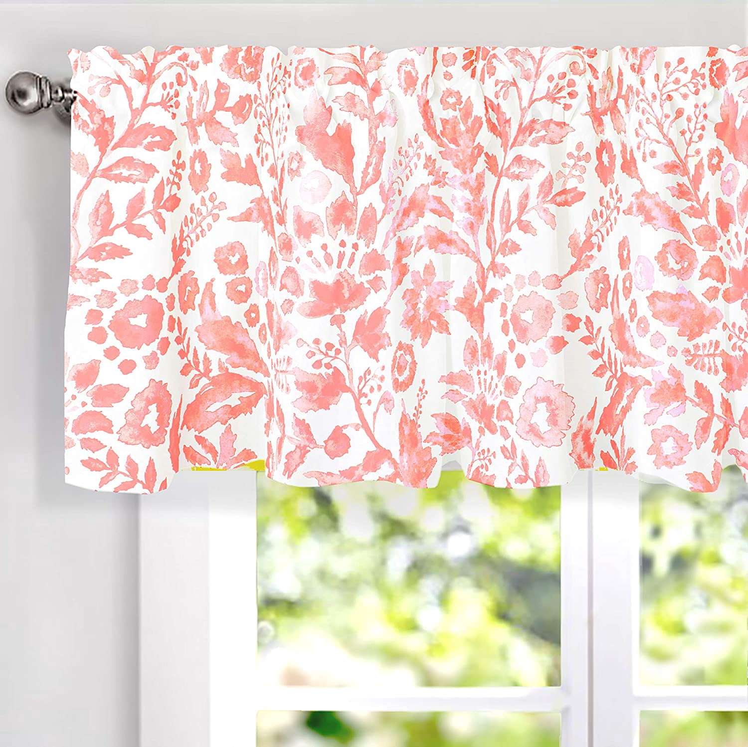 DriftAway Julia Watercolor Floral Curtain & Valance Set - Rod Pocket, 52x18in Valance + 45x63in Tie-Up Curtain, Navy