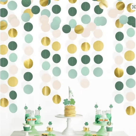 4Pcs Sage Green Mint Beige Gold Circle Dots Hanging Paper Garlands Banners Backdrops for Spring Summer Theme Party Baby Bridal Shower Engagement Wedding St.Patrick's Safari Romantic Party Decorations