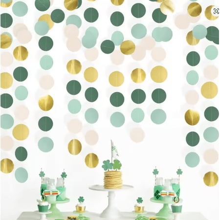 4Pcs Sage Green Mint Beige Gold Circle Dots Hanging Paper Garlands Banners Backdrops for Spring Summer Theme Party Baby Bridal Shower Engagement Wedding St.Patrick's Safari Romantic Party Decorations