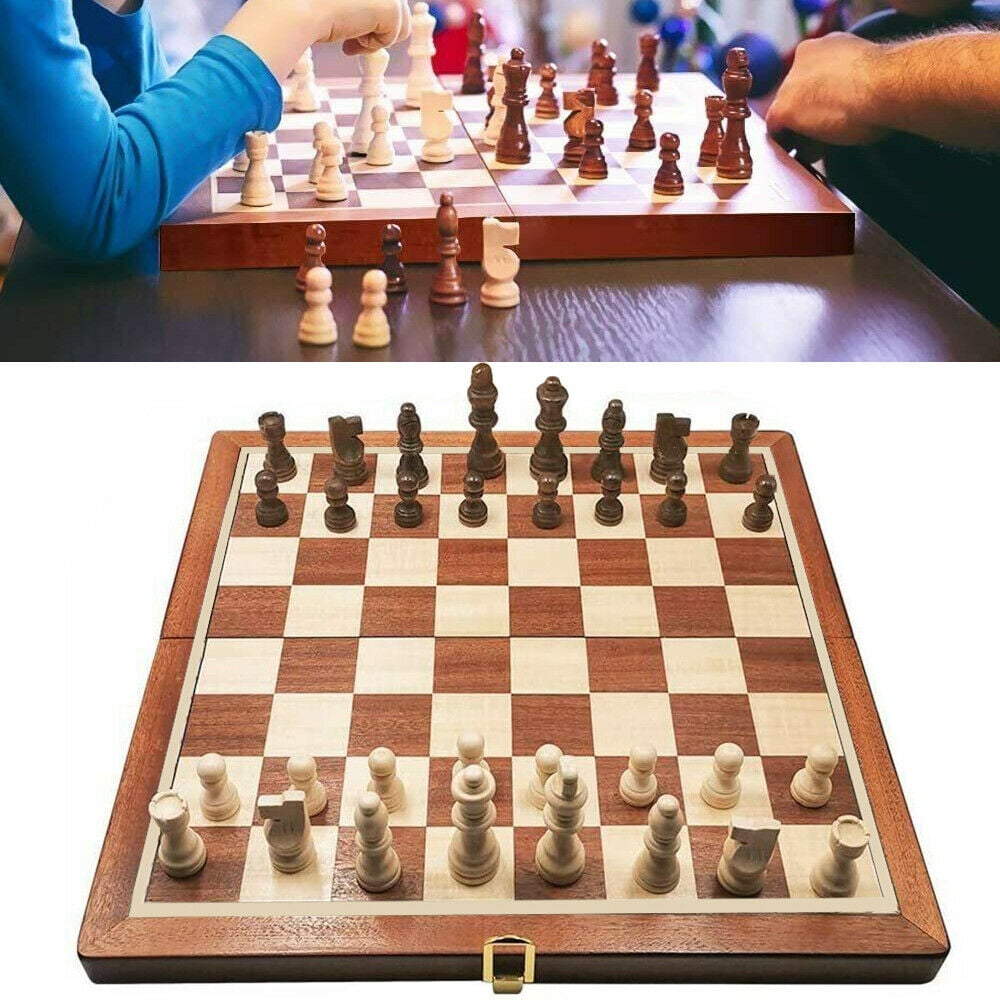 Wooden Folding Chess Game Set Large 15" Wood Board Storage Box Hand Carved Piece 