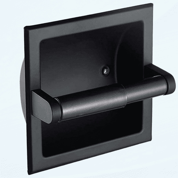 Recessed Toilet Paper Holder Matte Black and Gold Bathroom Mega Tissue Hold in Wall Mounted Mix Color Style Jumbo Roll Holder Pivoting Stainless Steel Replacement with Rear Mounting Bracket