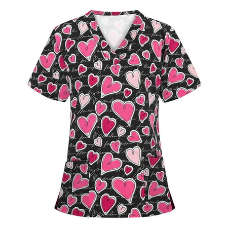 

Paiwinds Clearance Women Scrubs Tops with Pocket Short Sleeve V-Neck Nurse Tops Printed Working Uniform Blouse Tops Black S