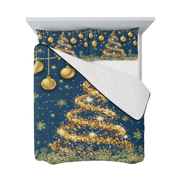 Twin Quilt Bedding Set, Gold Christmas Trees Balls Soft Microfiber Summer Bedspread Coverlet with 2 Pillow Shams for All Season, Blue Background Breathable Bedding Set for Hot Sleepers