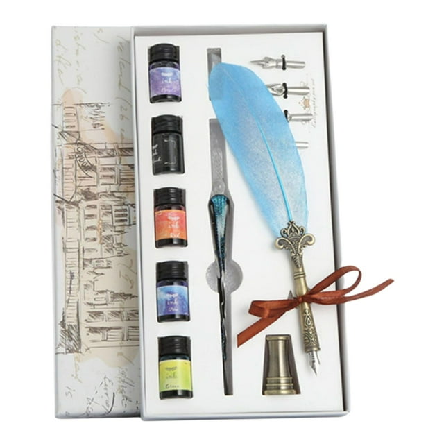 veasfak Antique Quill Feather Pen Set Stationery 4 Replacement Nibs Gift blue