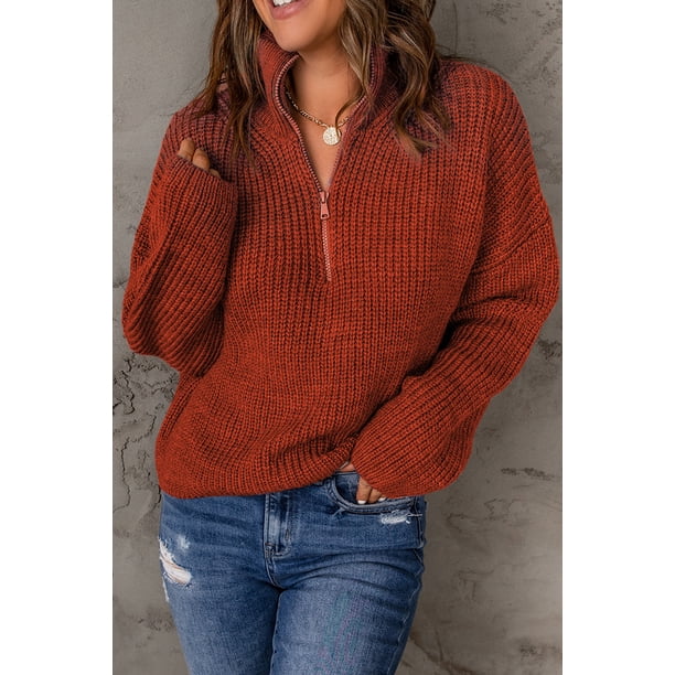 ABPHQTO Jersey de mujer de punto rojo con cuello alto y hombros caídos