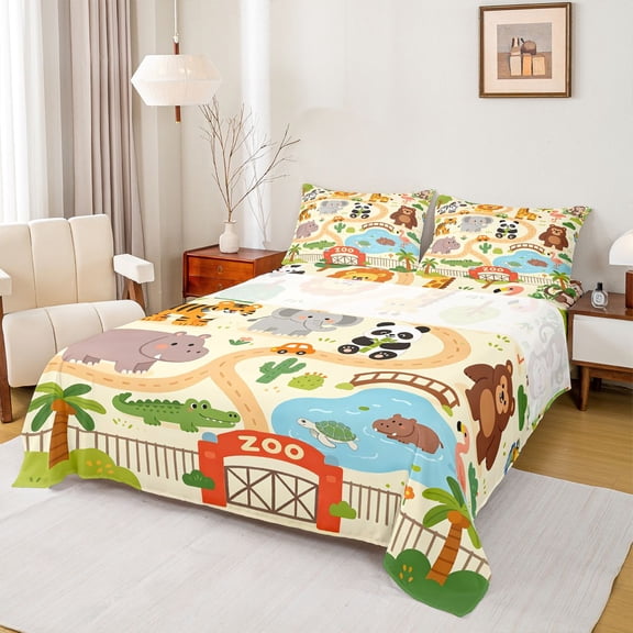 Manfei Kawaii Giraffe Queen Sheets,Jungle Theme Print Queen Sheet Sets,Beige,4-Piece,1 Flat Sheet, 1 Fitted Sheet and 2 Pillowcases