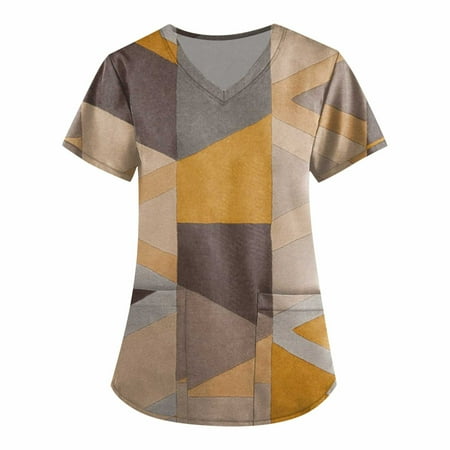 

ELFINDEA Pockets Printed Scrubs Work Blouses for Women V Neck Short Sleeve Womens Tops