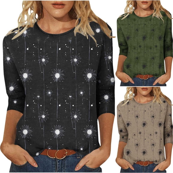 Jsaierl Womens 3/4 Length Sleeve Tops Plus Size Crew Neck Shirts Cute Floral Petite Blouses Classic Cotton Tunic Top S-2XL